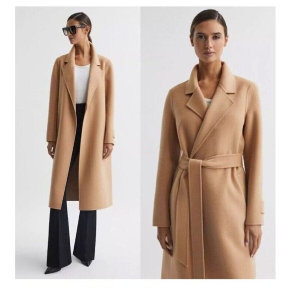 NEW Reiss Brooks Long Length Overcoat in Camel Belted Wool Blend Size 4 - Picture 1 of 12